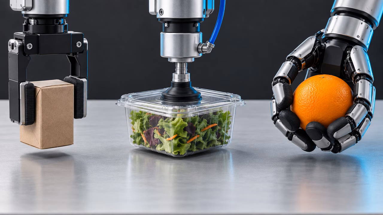 Close view of robotic end effectors handling a carton, bottle and flexible grocery package