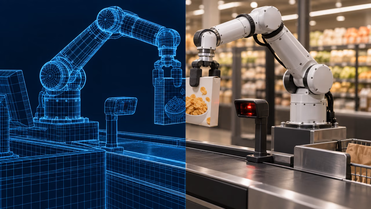 A grocery robot workcell shown alongside a corresponding simulated training environment