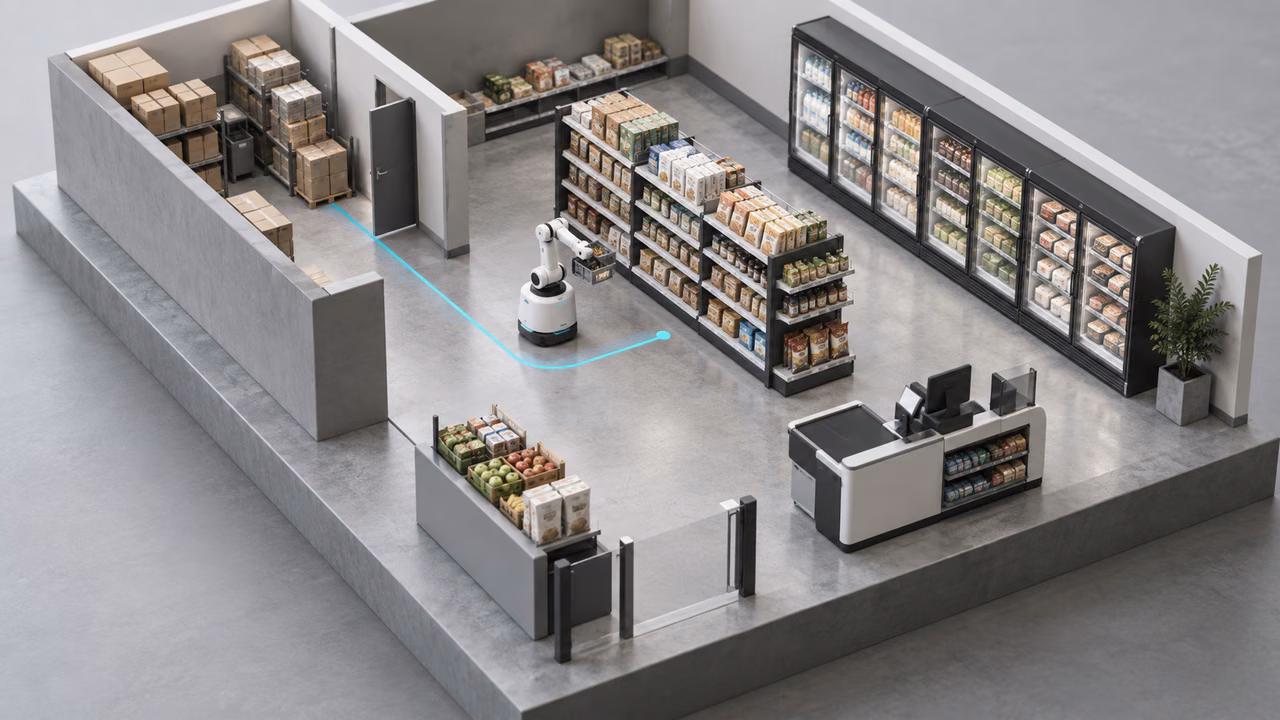 Retail operations team planning a bounded robotics pilot at a supermarket workstation