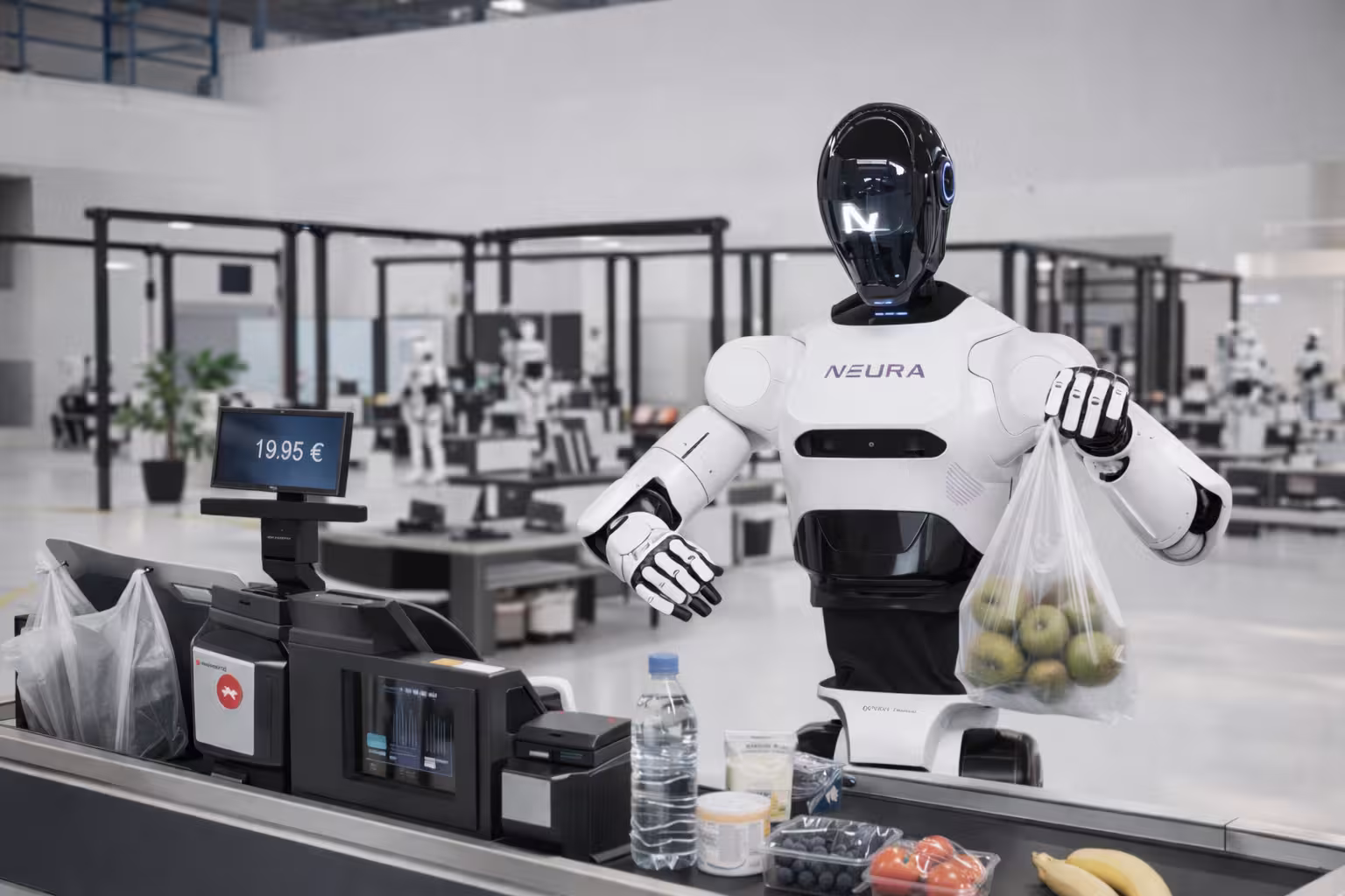Humanoid robot concept at a supermarket checkout workstation