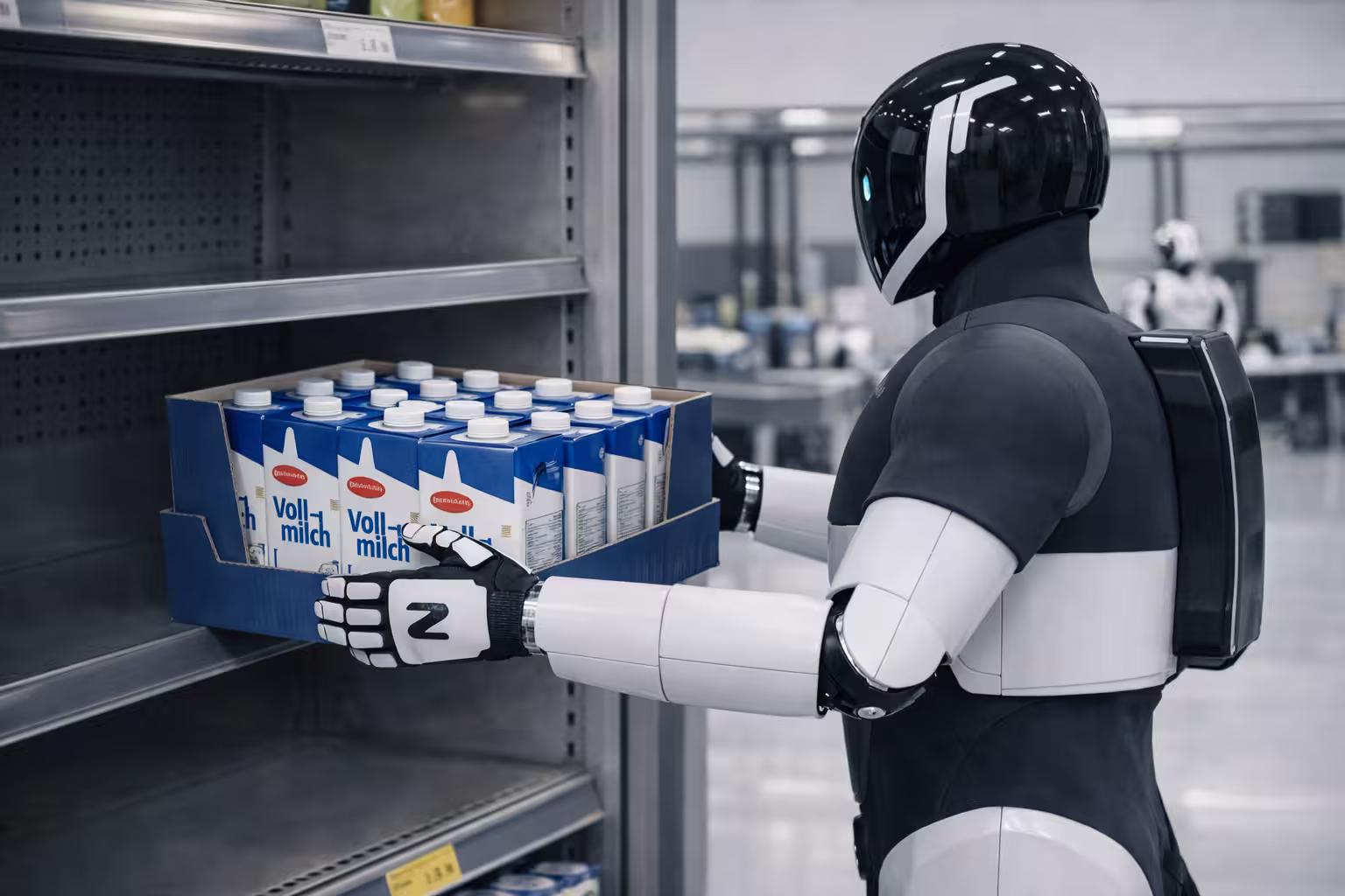 Humanoid retail robot concept beside stocked grocery shelves