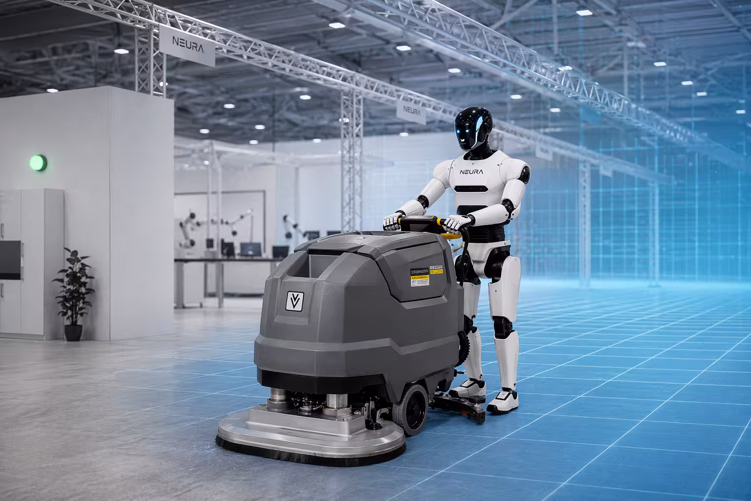 Concept scene illustrating a humanoid robot in a simulated retail training environment