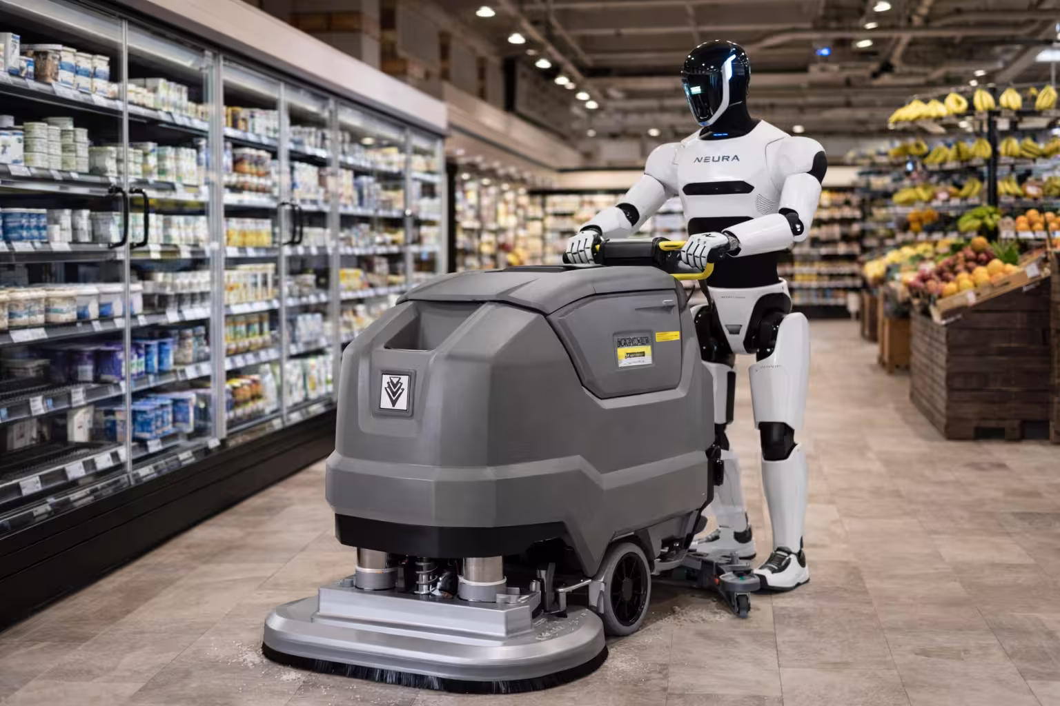 Humanoid robot performing supermarket cleaning automation